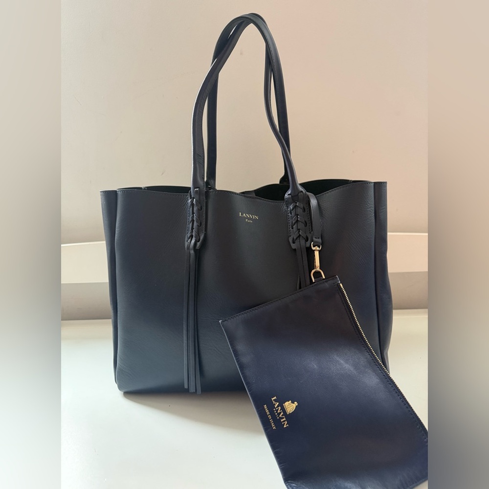 Lanvin Navy Leather Braided-Handle Tote